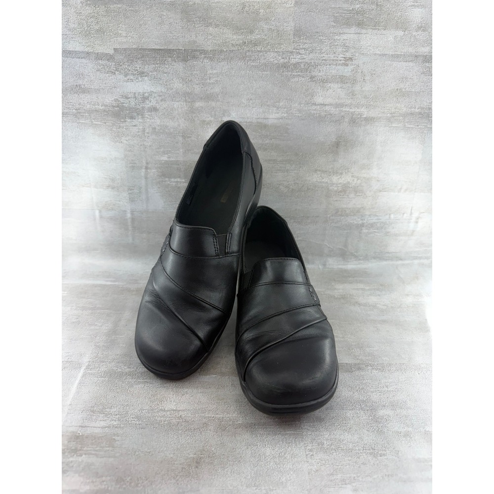 Clarks Collection Women Black Leather Pleated Slip On Wedge Loafers Sz 8.5M